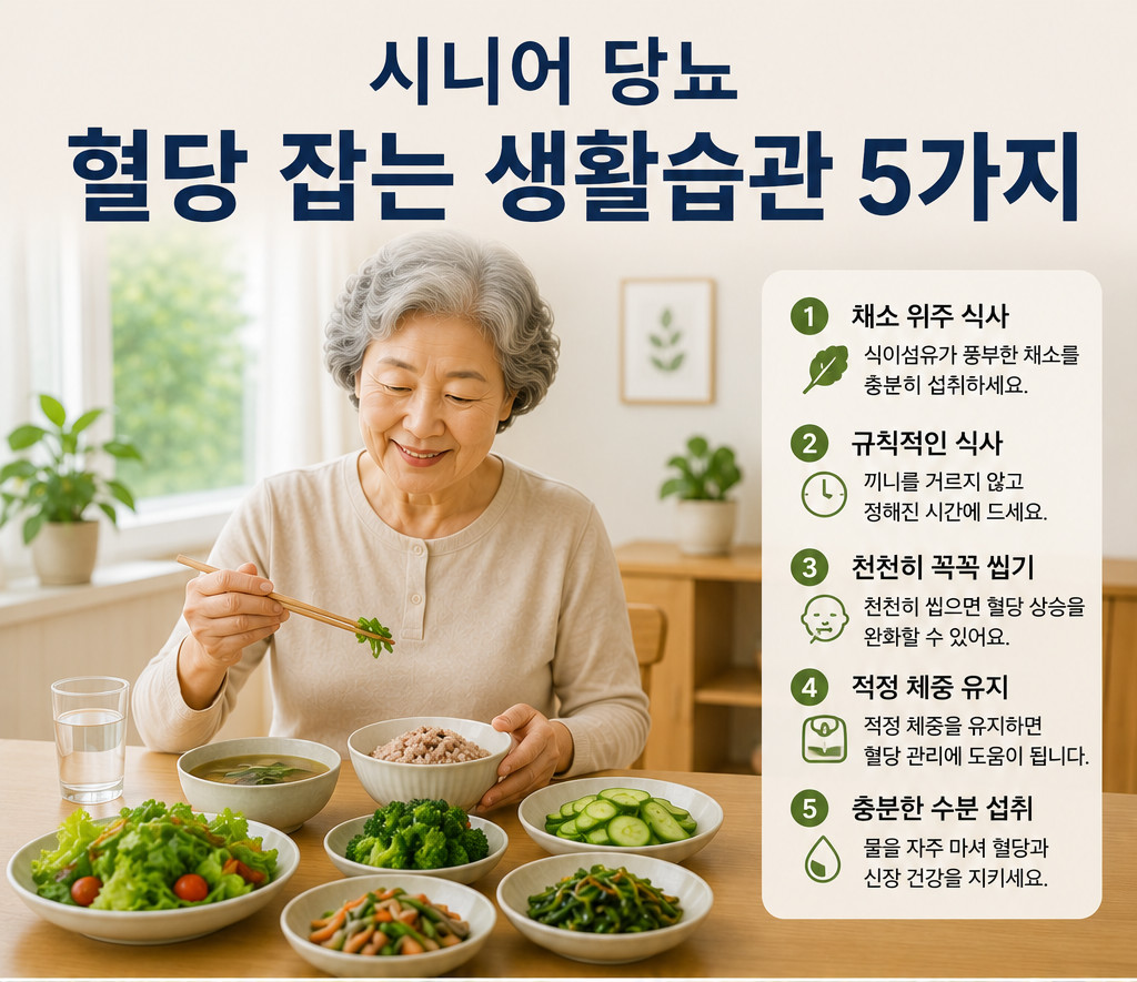채소 위주 식단으로 식사하는 시니어 — 혈당 잡는 생활습관