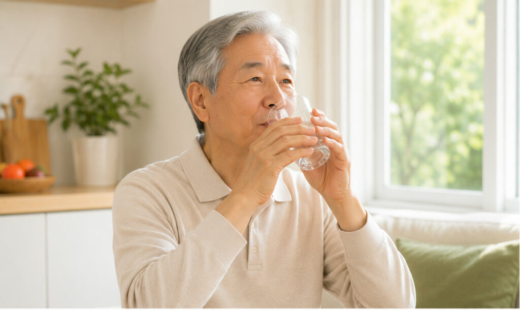 밝은 주방에서 물 한 컵을 편안하게 마시는 시니어 남성 — 시니어 수분 섭취