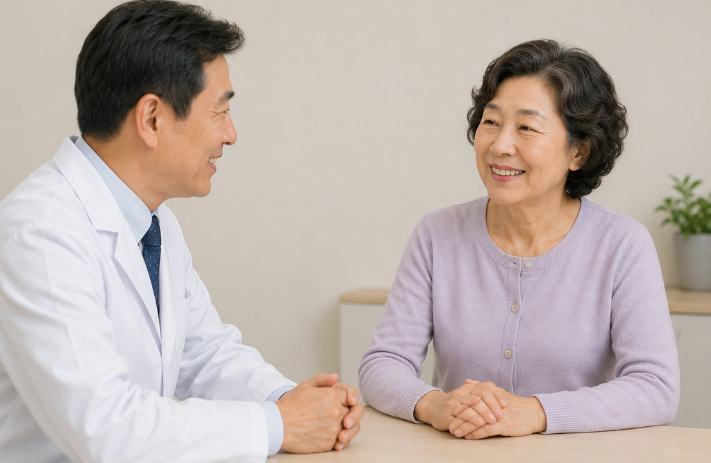 진료실에서 의사가 60대 여성에게 편안하게 설명하고 여성이 웃는 모습 — 콩팥 정기 검진과 상담