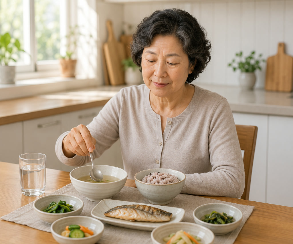 밝은 주방 식탁에서 국그릇의 국물을 남기며 담백한 잡곡밥상을 먹는 60대 여성 — 콩팥 건강 위한 저염식