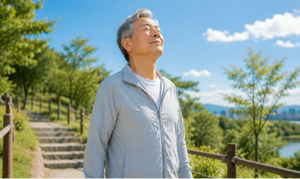 공원 산책로 계단 앞에서 맑은 하늘을 보며 깊게 숨을 들이쉬는 시니어 남성 — 시니어 폐 건강