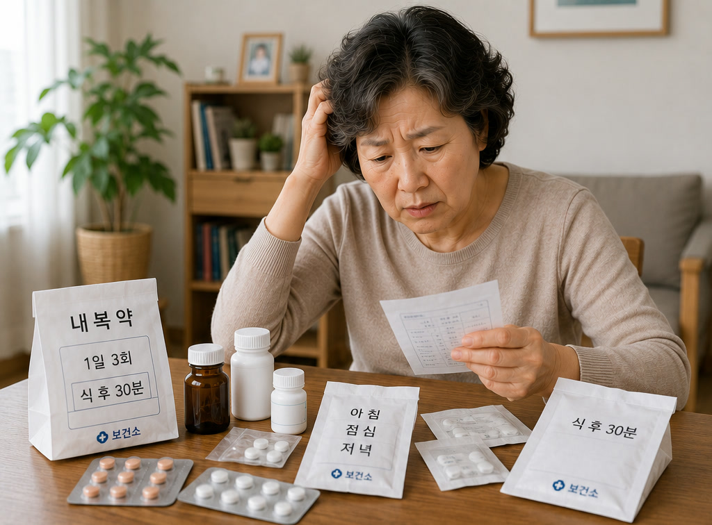 식탁 위에 여러 병원에서 받은 약봉투와 약병을 늘어놓고 난감해하는 60대 여성 — 시니어 약 복용 관리