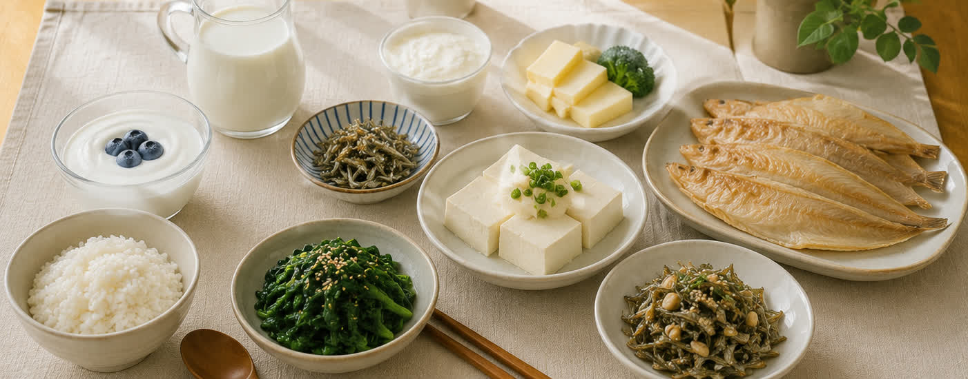우유, 요구르트, 치즈, 두부, 멸치, 뱅어포, 시금치 등 칼슘이 풍부한 뼈 건강 밥상