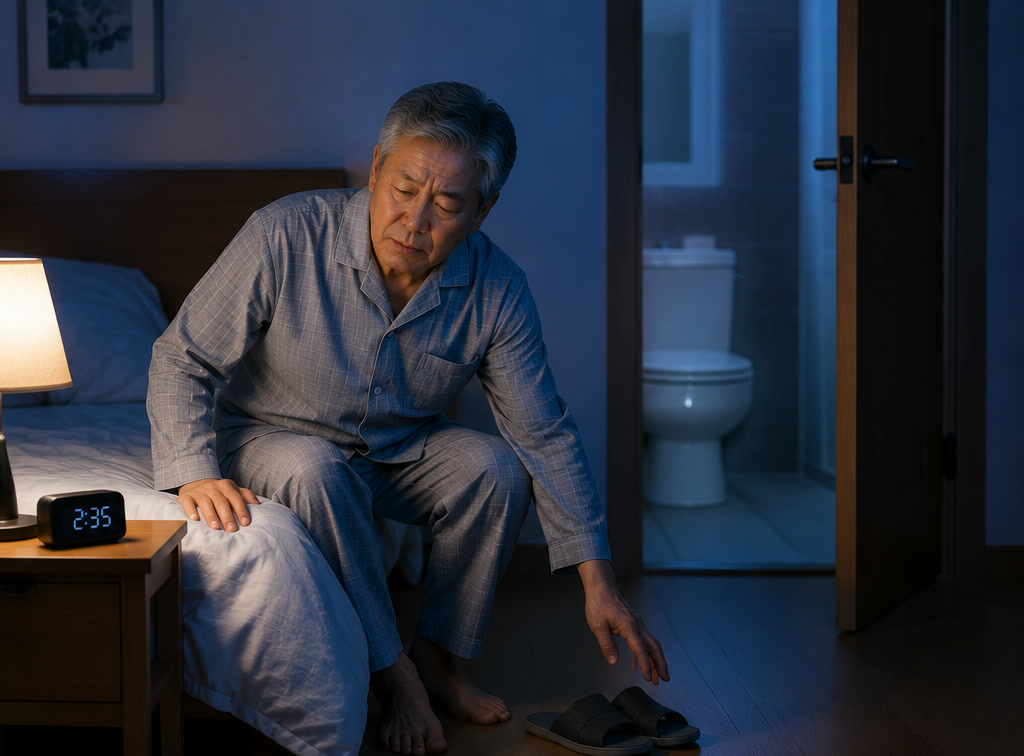 새벽에 잠에서 깨어 침대에 걸터앉은 60대 남성과 머리맡 시계 — 시니어 야간뇨와 전립선 건강