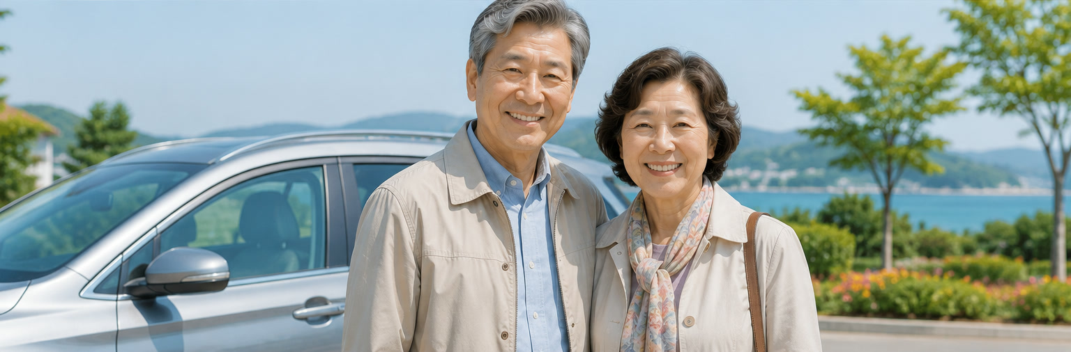 승용차 옆에 나란히 서서 밝게 웃는 60대 부부 — 안전운전으로 지키는 시니어의 나들이