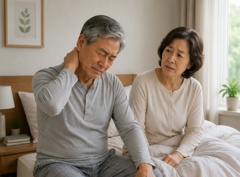 아침에 일어나 뒷목을 주무르는 60대 남성과 걱정스레 바라보는 아내 — 시니어 코골이와 수면무호흡
