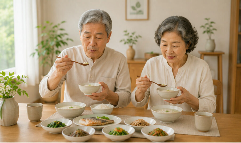 죽과 생선, 나물이 놓인 소박한 밥상에서 천천히 씹으며 식사하는 시니어 부부 — 속 편한 식사