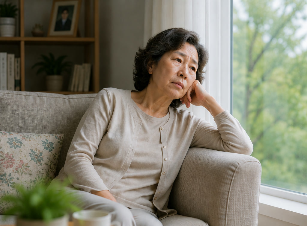 소파에 기대앉아 기운 없이 창밖을 바라보는 60대 여성 — 갑상선 이상으로 나타나는 피로감