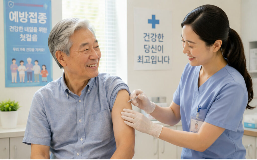 보건소에서 팔을 걷고 예방접종을 맞는 시니어 남성과 안내하는 간호사 — 어르신 예방접종