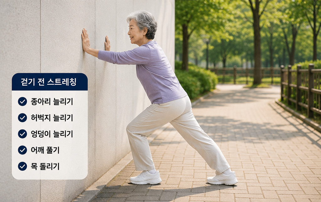 걷기 전 벽을 짚고 스트레칭하는 시니어