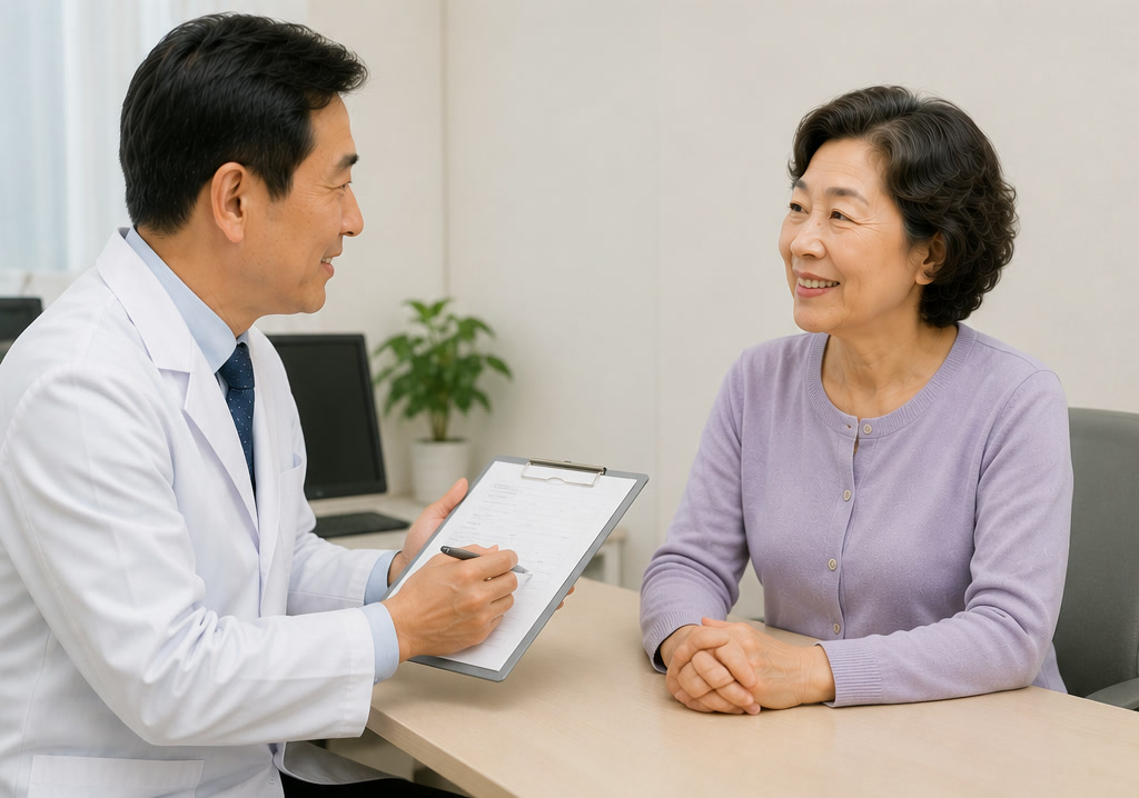진료실에서 의사가 60대 여성에게 검사 결과를 설명하는 모습 — 빈혈 원인 찾는 검사와 상담