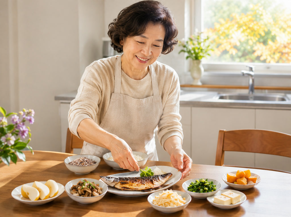 고등어구이·버섯볶음·나물·두부·잡곡밥·배가 차려진 가을 밥상을 상에 놓는 60대 여성 — 제철 재료로 차린 가을 밥상