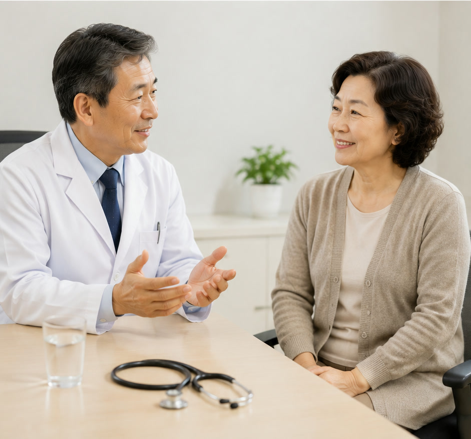 진료실에서 의사가 60대 여성 환자에게 편안하게 설명하는 모습 — 방광염·요로감염 진료 상담