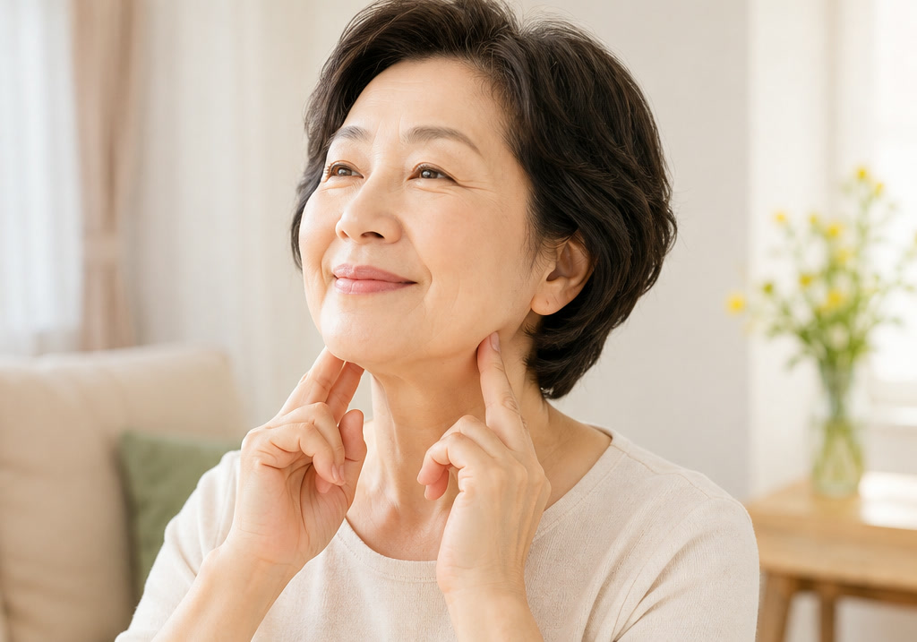 턱밑과 귀밑의 침샘 부위를 손가락으로 부드럽게 마사지하는 60대 여성 — 침 분비를 돕는 침샘 자극