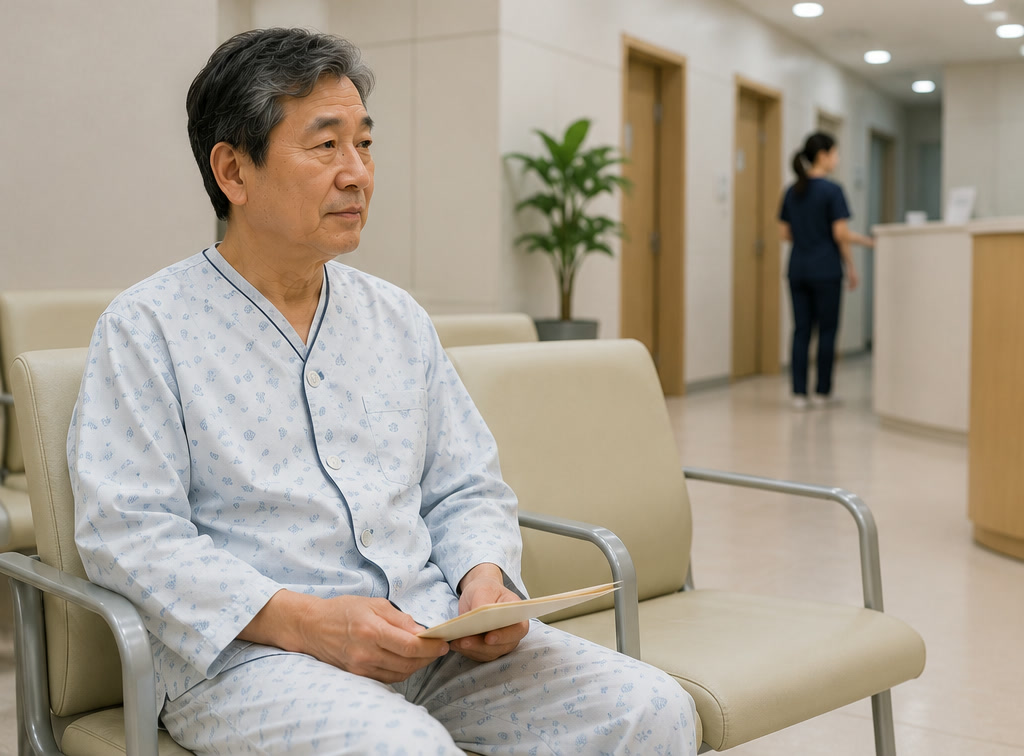 병원 검진센터에서 환자복을 입고 앉아 차례를 기다리는 60대 남성 — 내시경 검사받으러 온 시니어