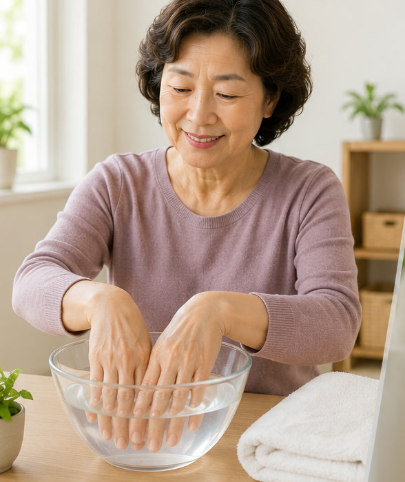 따뜻한 물이 담긴 그릇에 두 손을 담그고 손 관절을 풀어 주는 60대 여성 — 손가락·손목 관절 온찜질