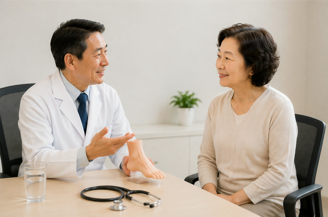 진료실에서 의사가 발 모형으로 60대 환자에게 발 관리를 설명하는 모습 — 무좀·발톱무좀 진료