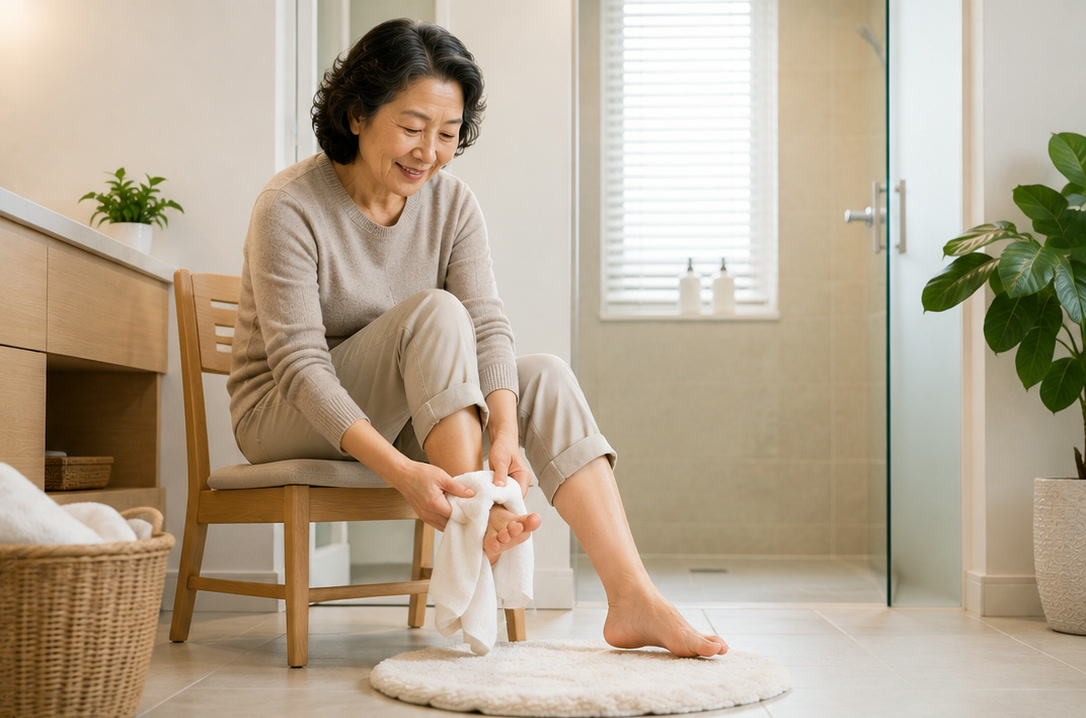 욕실에서 씻은 발의 발가락 사이 물기를 수건으로 닦는 60대 여성 — 무좀 예방 위한 발 말리기
