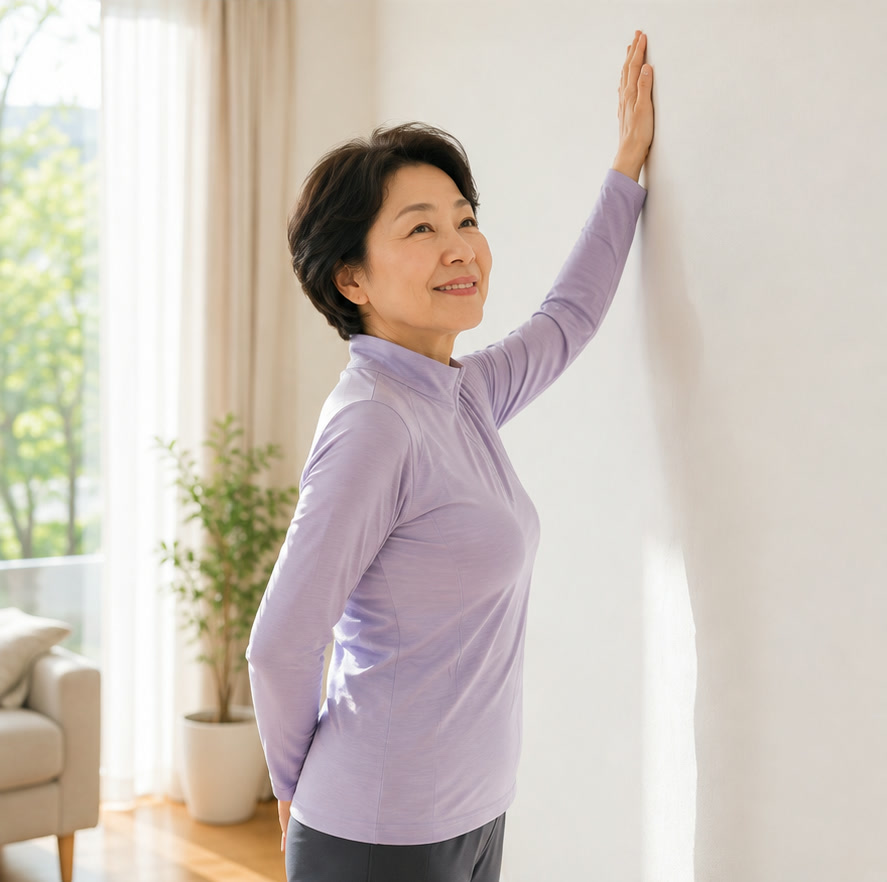 벽에 손을 대고 팔을 위로 뻗어 올리는 어깨 스트레칭을 하는 60대 여성 — 굳은 어깨 풀기