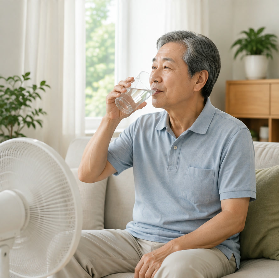 시원한 실내에서 선풍기 앞에 앉아 물을 마시며 쉬는 60대 남성 — 폭염에 더위를 잘 피하는 모습