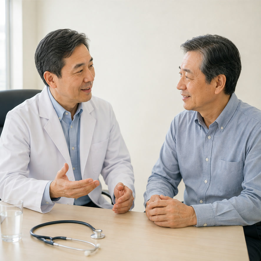 진료실에서 의사가 60대 남성 환자에게 편안하게 설명하는 모습 — 잦은 코피와 멍 진료 상담