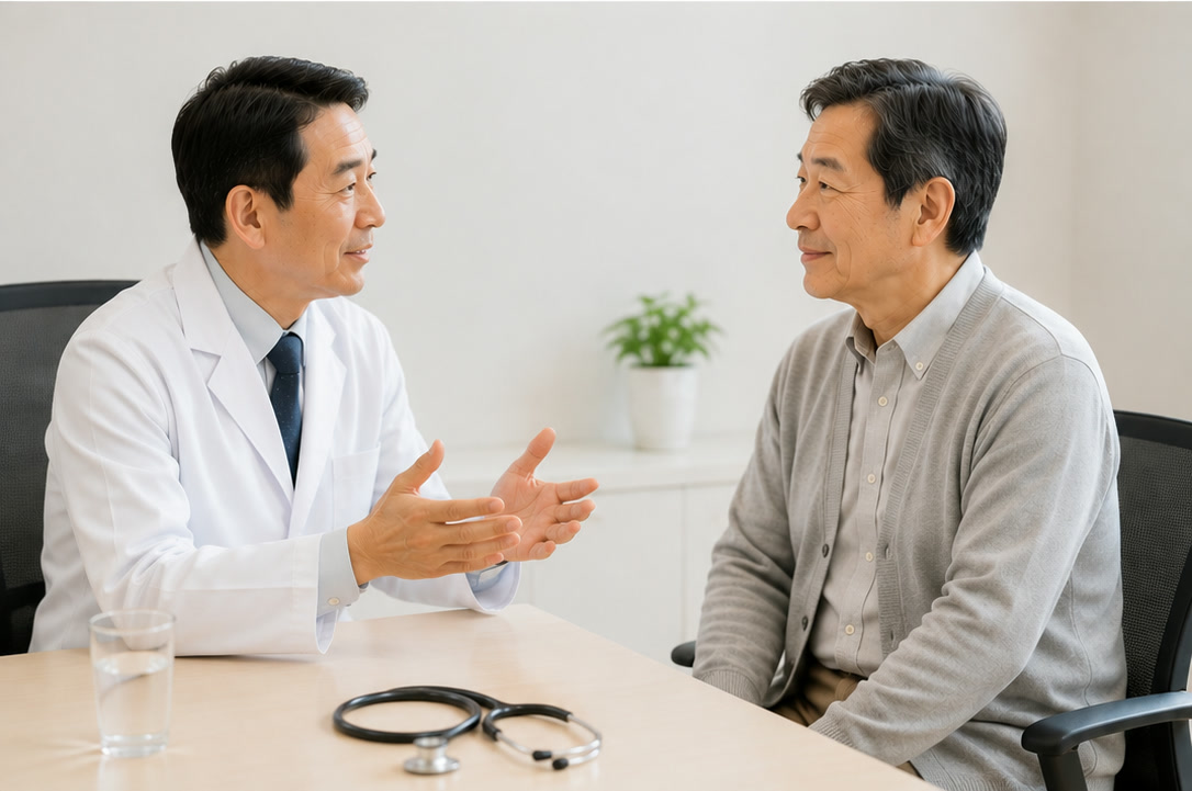 진료실에서 의사가 60대 남성 환자에게 통증 치료를 설명하며 안심시키는 모습 — 대상포진 후 신경통 상담