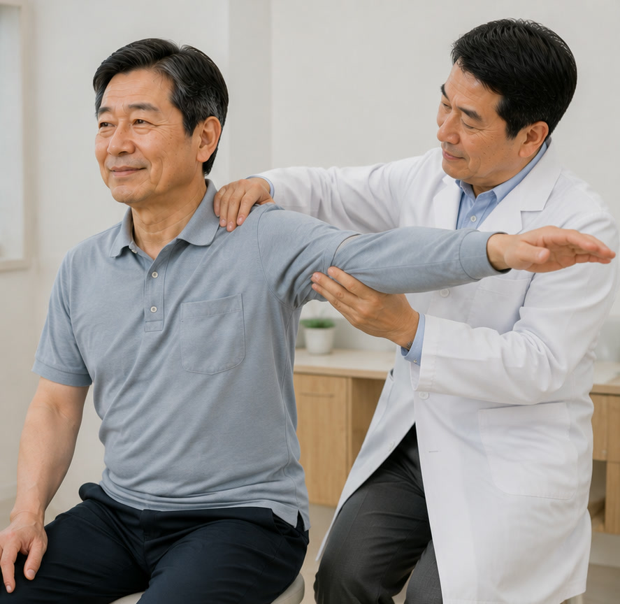 진료실에서 의사가 60대 남성의 팔을 옆으로 들어 올려 어깨를 진찰하는 모습 — 오십견과 회전근개 파열을 가리는 진찰