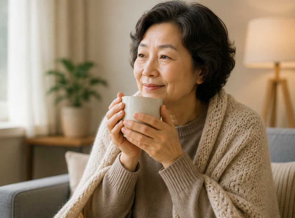 거실 소파에서 따뜻한 차 한 잔을 감싸 쥐고 미소 짓는 60대 여성 — 환절기 따뜻하게 나기