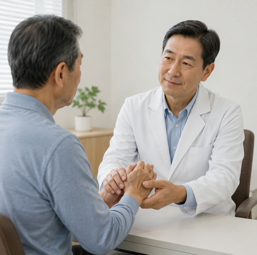 진료실에서 의사가 60대 남성의 손을 살펴보며 진찰하는 모습 — 손 떨림의 원인을 가리는 진료