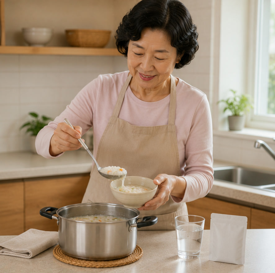 부엌에서 아침에 먹을 죽을 그릇에 덜고 있는 60대 여성, 옆에 물 한 잔 — 아침 식사 준비