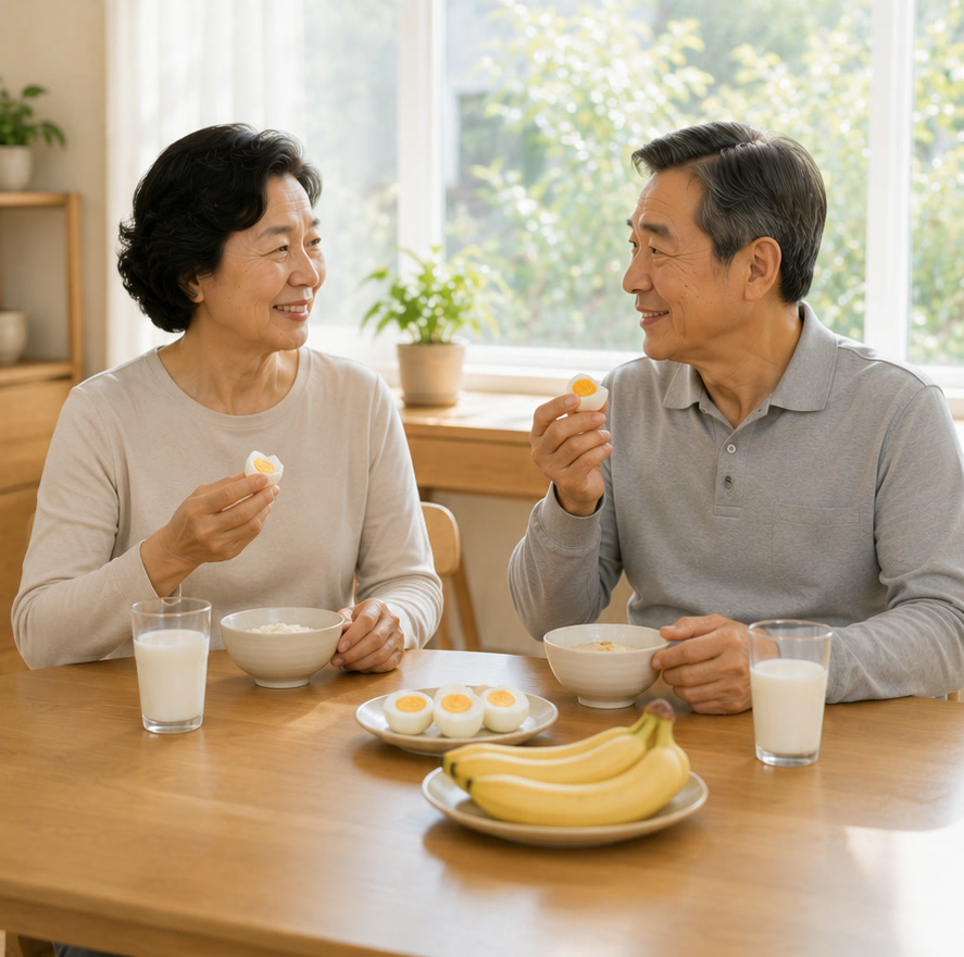 아침 햇살 드는 식탁에서 삶은 달걀, 바나나, 우유로 아침을 먹으며 웃는 60대 부부 — 간단한 아침 식사