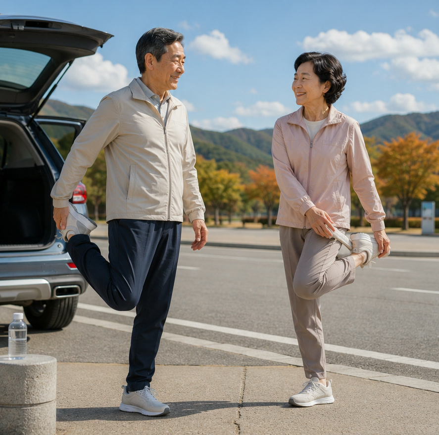 고속도로 휴게소에서 차에서 내려 다리를 뒤로 접어 스트레칭하는 60대 부부, 옆에 물병 — 이동 중 몸 풀기