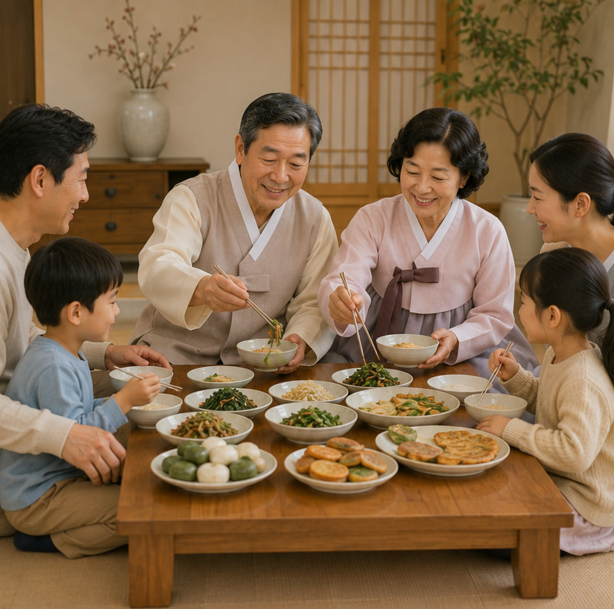 추석 명절 한복을 입고 자녀·손주와 둘러앉아 나물과 채소를 먼저 덜어 먹는 60대 부부 — 명절 건강 식사