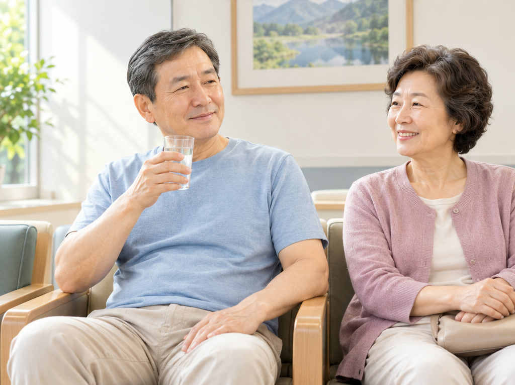 예방접종을 마친 뒤 의원 대기실에 앉아 물을 마시며 쉬고 있는 60대 부부 — 접종 후 30분 안정