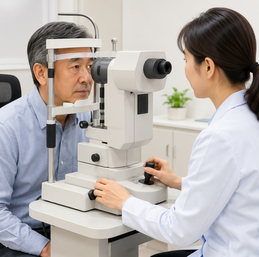 안과 검진실에서 턱을 받침대에 대고 안압·시신경 검사 장비 앞에 앉은 60대 남성 — 녹내장 검사