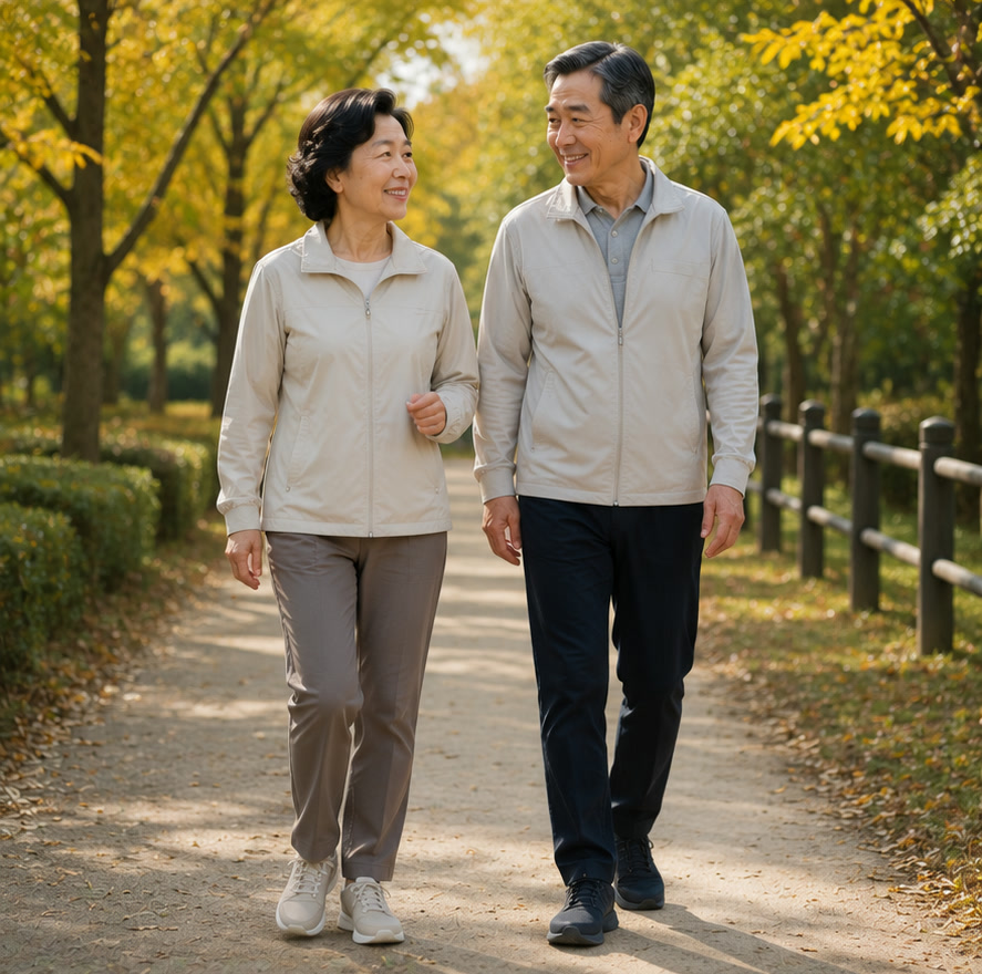 가을 공원 산책로를 남편과 나란히 천천히 걷는 60대 여성 — 심부전 관리 가벼운 걷기