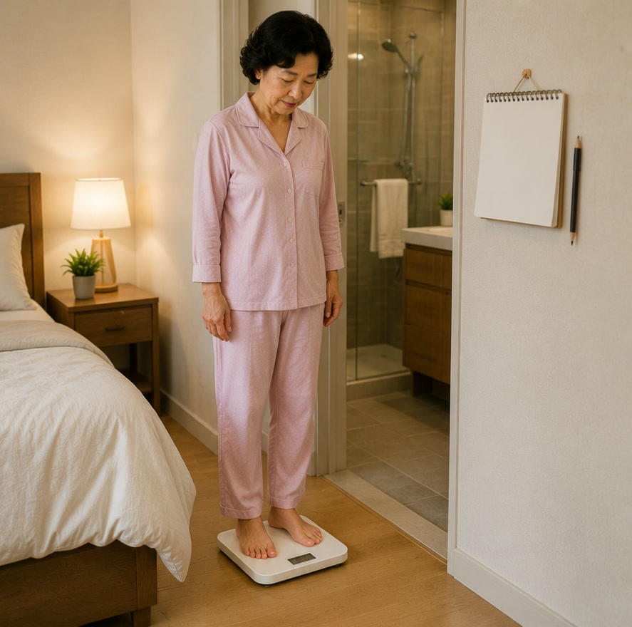 아침에 잠옷 차림으로 체중계 위에 올라선 60대 여성, 벽에 걸린 수첩과 연필 — 매일 아침 몸무게 재기