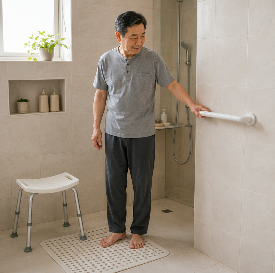 안전 손잡이를 잡고 미끄럼 방지 매트 위에 선 60대 남성과 욕실 의자 — 욕실 낙상 예방 환경