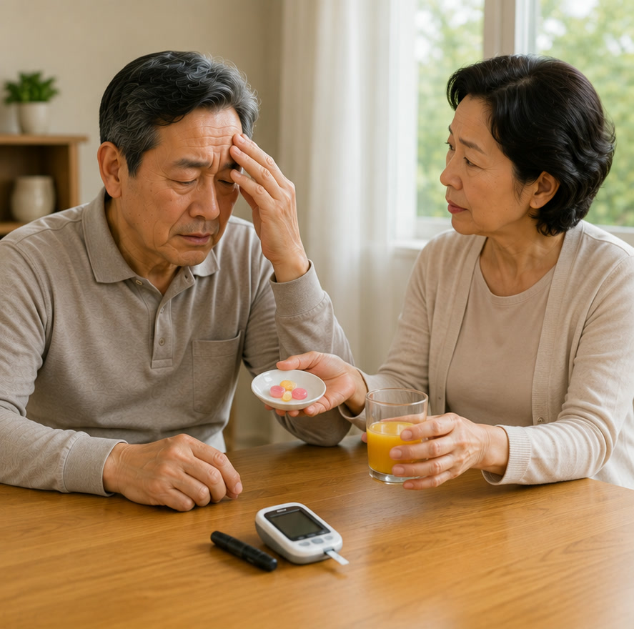 식은땀을 흘리며 이마를 짚은 60대 남성에게 아내가 사탕과 주스를 건네는 모습, 탁자 위 혈당측정기 — 저혈당 대처