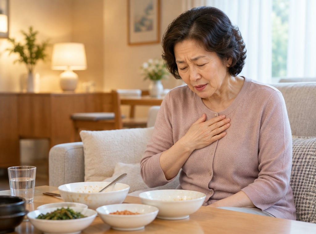 저녁 식사 뒤 소파에 앉아 가슴 한가운데를 손으로 누르며 찡그리는 60대 여성 — 역류성 식도염 가슴쓰림